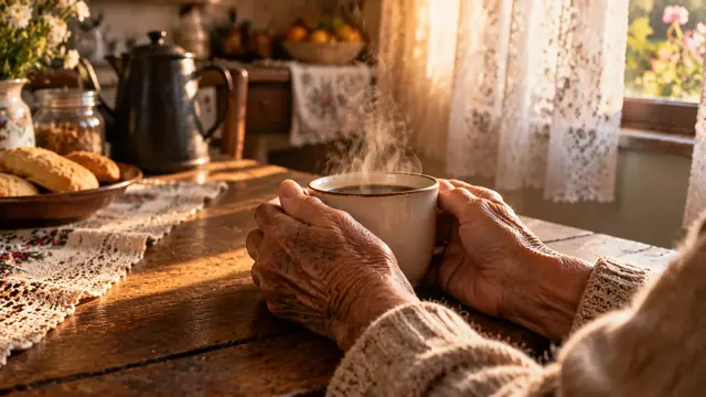 Duas mãos idosas segurando uma xícara de café sobre uma mesa de madeira antiga, iluminadas pela luz da manhã que entra por uma janela com cortina de renda