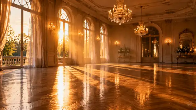 Salão de baile antigo e vazio com lustres de cristal, piso de madeira encerado e janelas em arco deixando entrar a luz dourada do entardecer