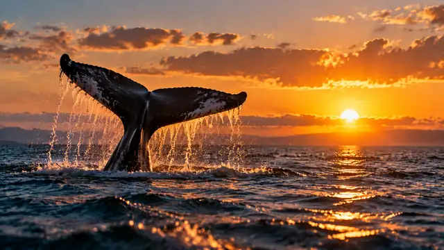 Cauda de uma baleia saindo do mar ao pôr do sol, com gotas de água caindo e o sol dourado no horizonte
