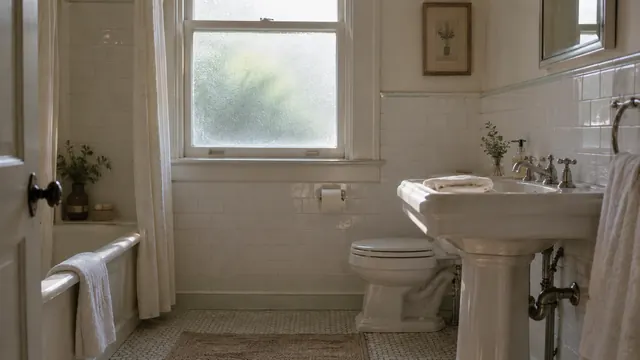Old bathroom with light-colored tiles, morning light coming in through the window and a folded white towel on the sink