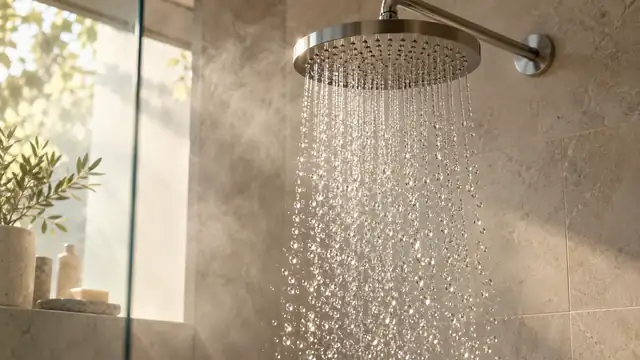 Modern shower head with water drops falling under soft light in a bathroom with pale tiles and light steam in the air