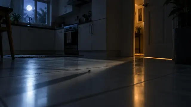 Cozinha escura à noite iluminada pela lua, com a sombra de um pequeno inseto no piso e luz quente vindo da porta