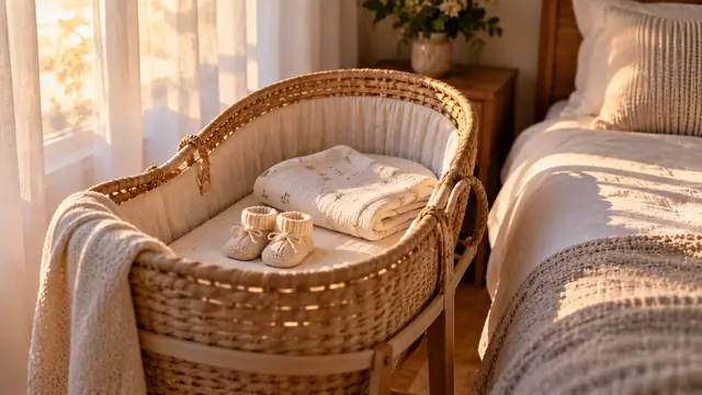 Berço de vime com manta branca dobrada e um par de sapatinhos de bebê, ao lado de uma cama e de uma janela com luz suave da manhã