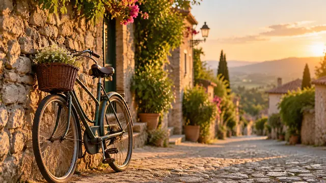 Bicicleta antiga encostada em um muro de pedra em uma rua vazia de vilarejo, com luz quente do fim da tarde