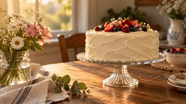 A cake with white frosting and red berries on a glass plate on a wooden table, with flower vases and light from the window
