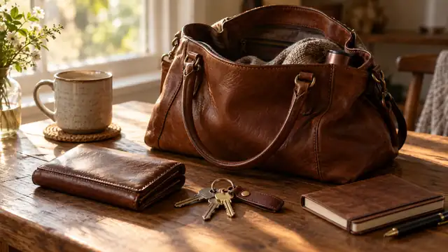 Bolsa de couro marrom aberta sobre uma mesa de madeira, com uma carteira, chaves e um caderno ao lado, sob luz suave da manhã