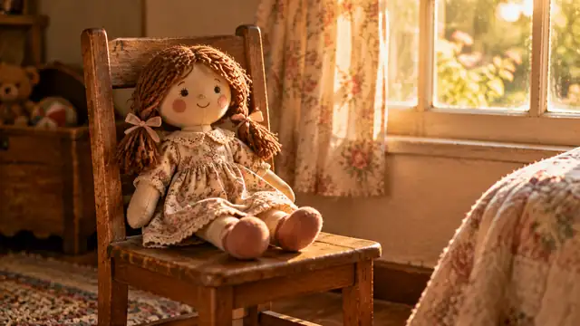 Boneca de pano com vestido florido e cabelo de lã sentada numa cadeira de madeira perto da janela, com colcha de retalhos e luz da tarde