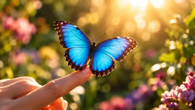 Borboleta azul pousada na ponta de um dedo, com asas abertas iluminadas pelo sol e um jardim desfocado ao fundo