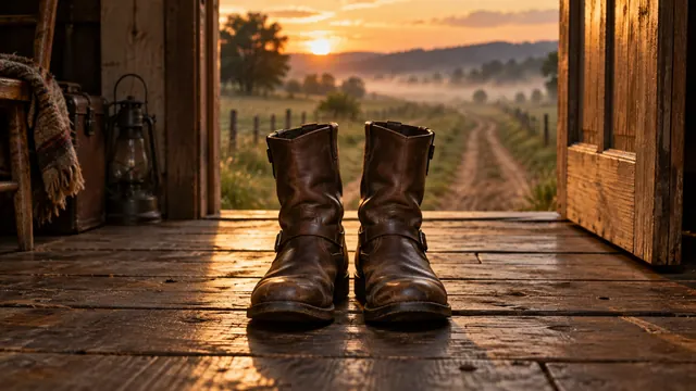 Par de botas de couro marrom gastas sobre um piso de madeira, ao lado de uma porta aberta para um campo enevoado ao entardecer