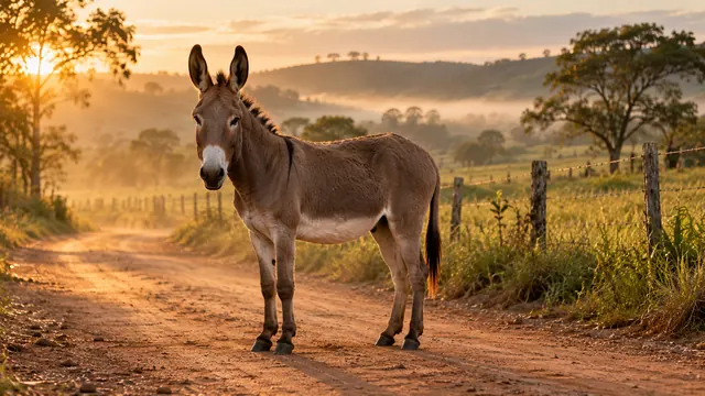 Burro de pelaje marrón y hocico claro parado en un camino de tierra del campo, con un potrero y una cerca de madera al fondo bajo luz dorada