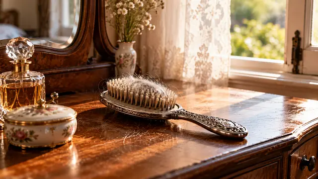 Antique silver hairbrush with a few white hairs caught in it, on a wooden dresser beside the window, in soft morning light