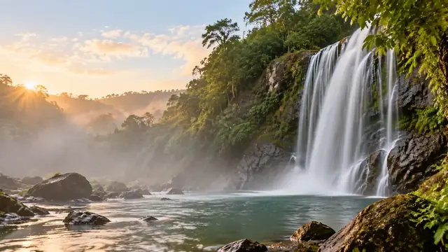 Waterfall in a green forest with light mist and silky water in a long exposure