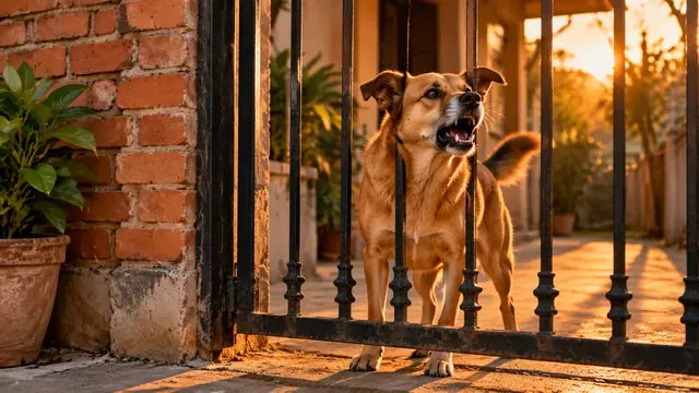 Cachorro de porte médio e pelo caramelo latindo atrás de um portão de ferro de uma casa brasileira, com muro de tijolos e luz alaranjada de fim de tarde