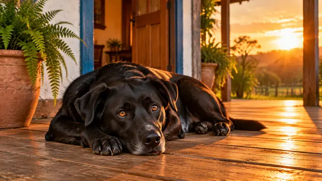 Black mixed-breed dog lying calmly on the wooden porch of a countryside house, with the door open behind it and golden sunset light on the floor