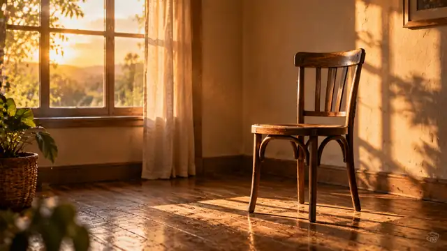 Cadeira de madeira antiga sozinha num cômodo vazio com piso de tábuas, iluminada pela luz dourada do fim de tarde que entra pela janela