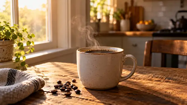 Caneca de cerâmica com café quente sobre uma mesa de madeira, com grãos de café espalhados e uma cozinha iluminada pelo sol ao fundo