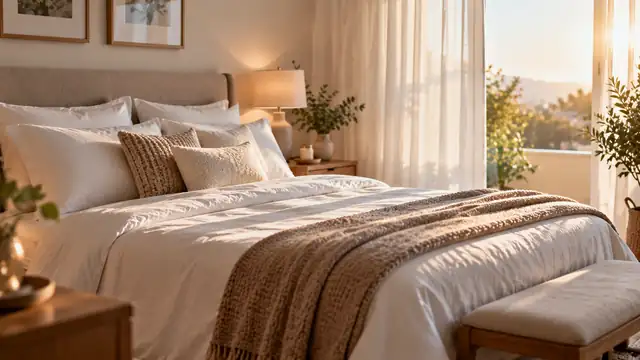Cama arrumada com lençóis brancos e travesseiros macios num quarto claro, com luz suave da manhã entrando pela cortina