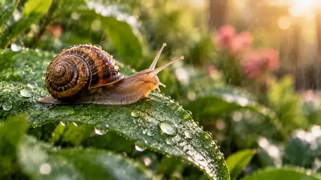Caracol sobre una hoja mojada por la lluvia en un jardín, con gotas de agua y flores desenfocadas al fondo