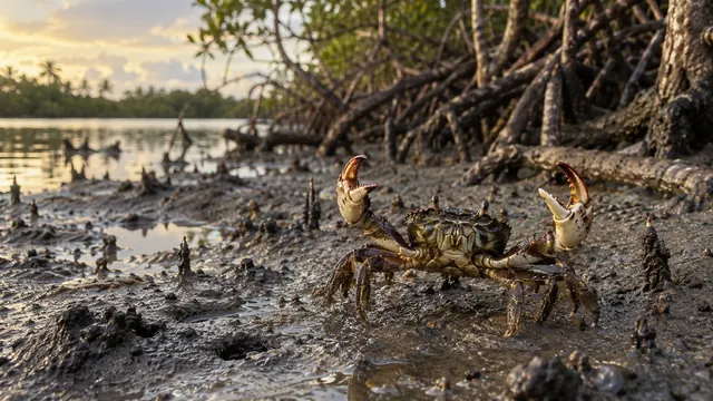 Caranguejo com as pinças erguidas sobre a lama do mangue na maré baixa, raízes de árvores ao fundo e luz suave de fim de tarde