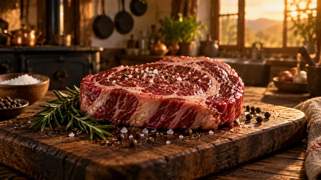 Peça de carne vermelha fresca sobre uma tábua de madeira rústica, com sal grosso e alecrim, em cozinha iluminada por luz dourada
