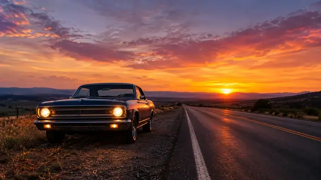Vintage car parked on the shoulder of an empty highway at sunset, headlights on under an orange and violet sky