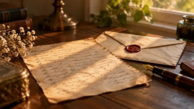 Carta escrita à mão e envelope fechado com selo de cera vermelha sobre uma escrivaninha de madeira, com caneta-tinteiro e luz do entardecer