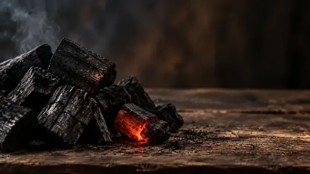 Pequena pilha de carvão sobre uma mesa rústica de madeira ao lado de uma brasa acesa, em tons escuros