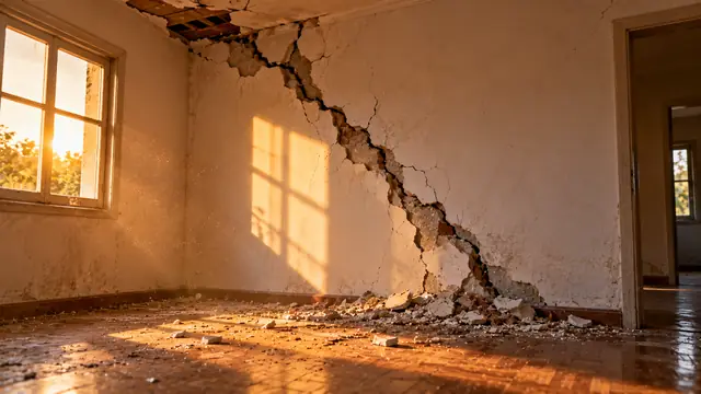 Parede de reboco branco com uma longa rachadura diagonal, pedaços de reboco caídos no piso de tacos e poeira suspensa num feixe de luz de fim de tarde vindo da janela