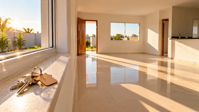 Sala vazia de casa recém-construída com paredes brancas, piso de cerâmica clara e um molho de chaves novas sobre o parapeito da janela iluminado pelo sol da manhã
