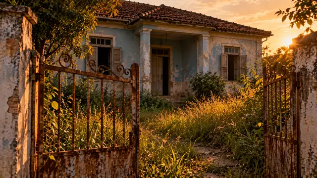 Casa antiga de fachada azul desbotada com janelas de madeira entreabertas, quintal tomado pelo mato e portão de ferro enferrujado na luz dourada do fim de tarde