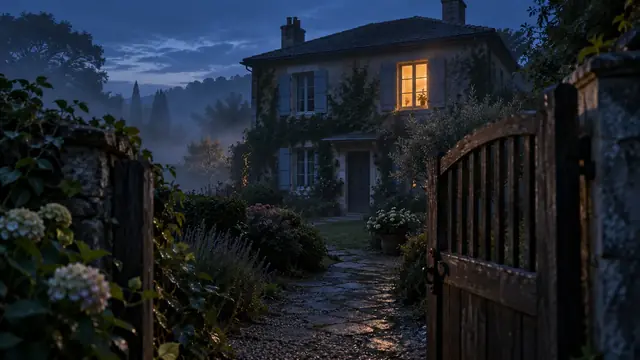 Casa antiga de pedra ao anoitecer com uma única janela acesa, vista pelo portão de madeira entreaberto