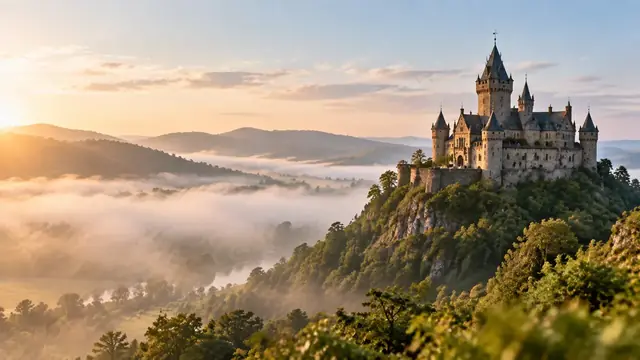 Stone castle in the distance on a green hill in morning fog, with a quiet atmosphere