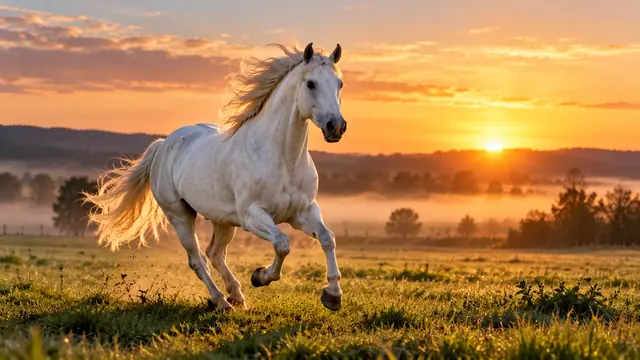 Cavalo branco tordilho galopando sozinho num campo verde aberto ao amanhecer, com a crina solta, neblina baixa e luz dourada vinda do horizonte