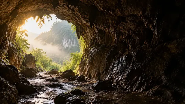 Entrada de uma caverna vista de dentro com a luz do dia brilhando na abertura e paredes de rocha úmida