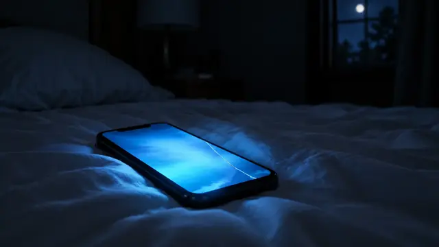 Celular com a tela acesa e levemente rachada sobre um lençol branco à noite, iluminando o quarto escuro com luz azulada