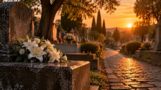 Caminho de pedra entre árvores antigas num cemitério tranquilo ao entardecer, com flores brancas sobre uma lápide e luz dourada entre as folhas