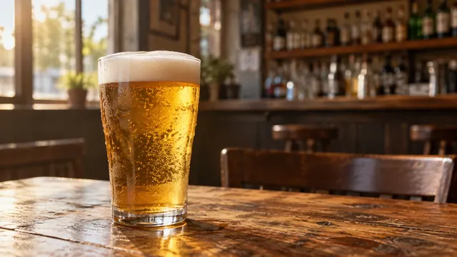 Copo de cerveja gelado com espuma sobre mesa de madeira num bar simples, com luz da tarde entrando pela janela ao fundo