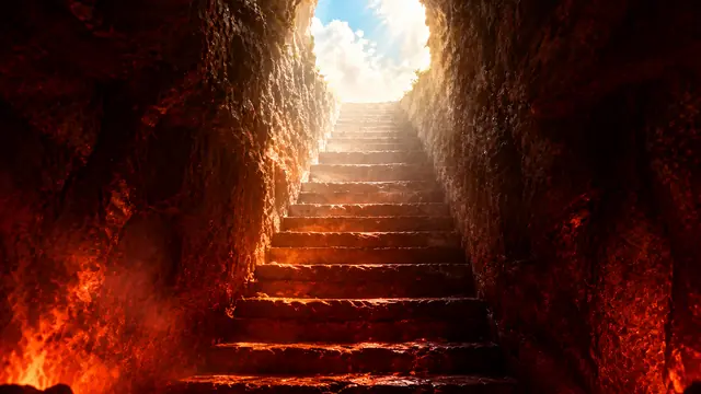 Narrow stone staircase rising from a dark passage lit in reddish tones up to an opening with clear sky and white clouds, dust floating in the beams of light