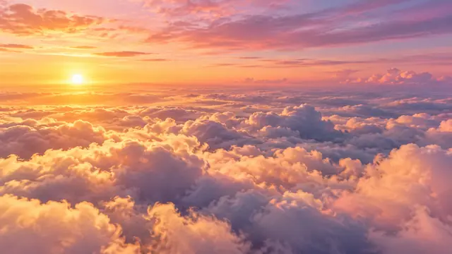 Mar de nuvens visto do alto ao pôr do sol, com o sol baixo no horizonte e o céu em tons de rosa, laranja e lilás