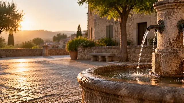Old stone fountain in a quiet square with water gently flowing in the morning light, with no people