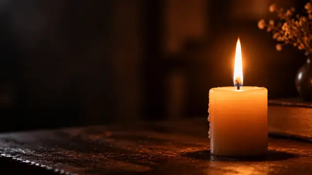 Uma única chama de vela em um quarto escuro com brilho quente sobre uma superfície de madeira