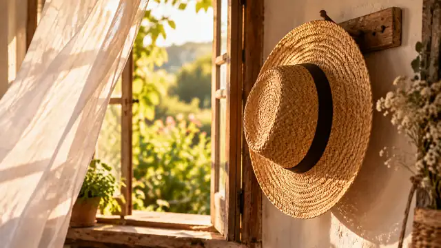Chapéu de palha pendurado na parede ao lado de uma janela aberta com cortina branca, com plantas e luz do sol