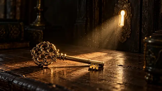 Chave antiga de metal dourado sobre uma mesa de madeira escura, iluminada por um feixe de luz que entra por uma fechadura