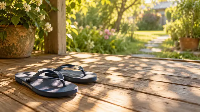 Par de chinelos azuis sobre o piso de madeira de uma varanda ensolarada, com sombras de folhas e um jardim florido ao fundo