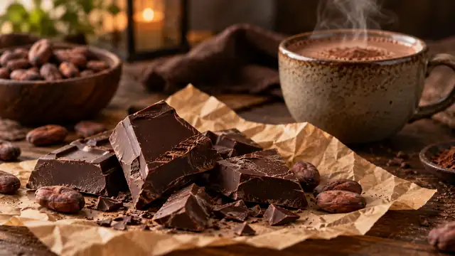 Pedaços de chocolate amargo quebrados sobre papel pardo, com grãos de cacau e uma xícara de chocolate quente ao fundo sob luz quente
