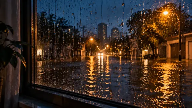 Janela com gotas de chuva escorrendo à noite, com uma rua alagada e luzes refletidas na água do lado de fora
