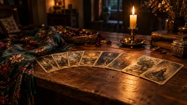 Mesa de madeira com um baralho de cartas antigas espalhadas, uma vela acesa e um lenço colorido, sob luz quente e suave