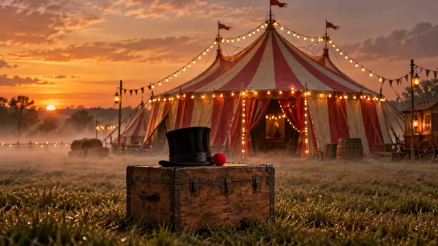 Red and cream striped circus tent in a misty field at dusk, with a clown nose and a top hat on a wooden trunk