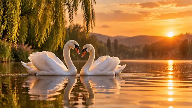 Two white swans on a lake at sunset, their necks forming a heart, with willow trees and the sun reflected in the water