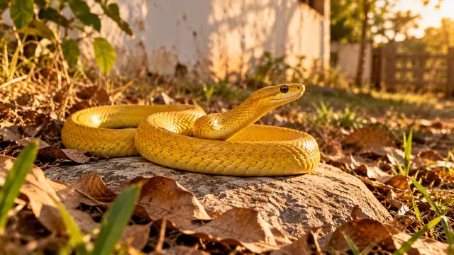 Cobra amarela enrolada sobre uma pedra clara entre folhas secas num quintal do interior, iluminada pela luz dourada do fim da tarde